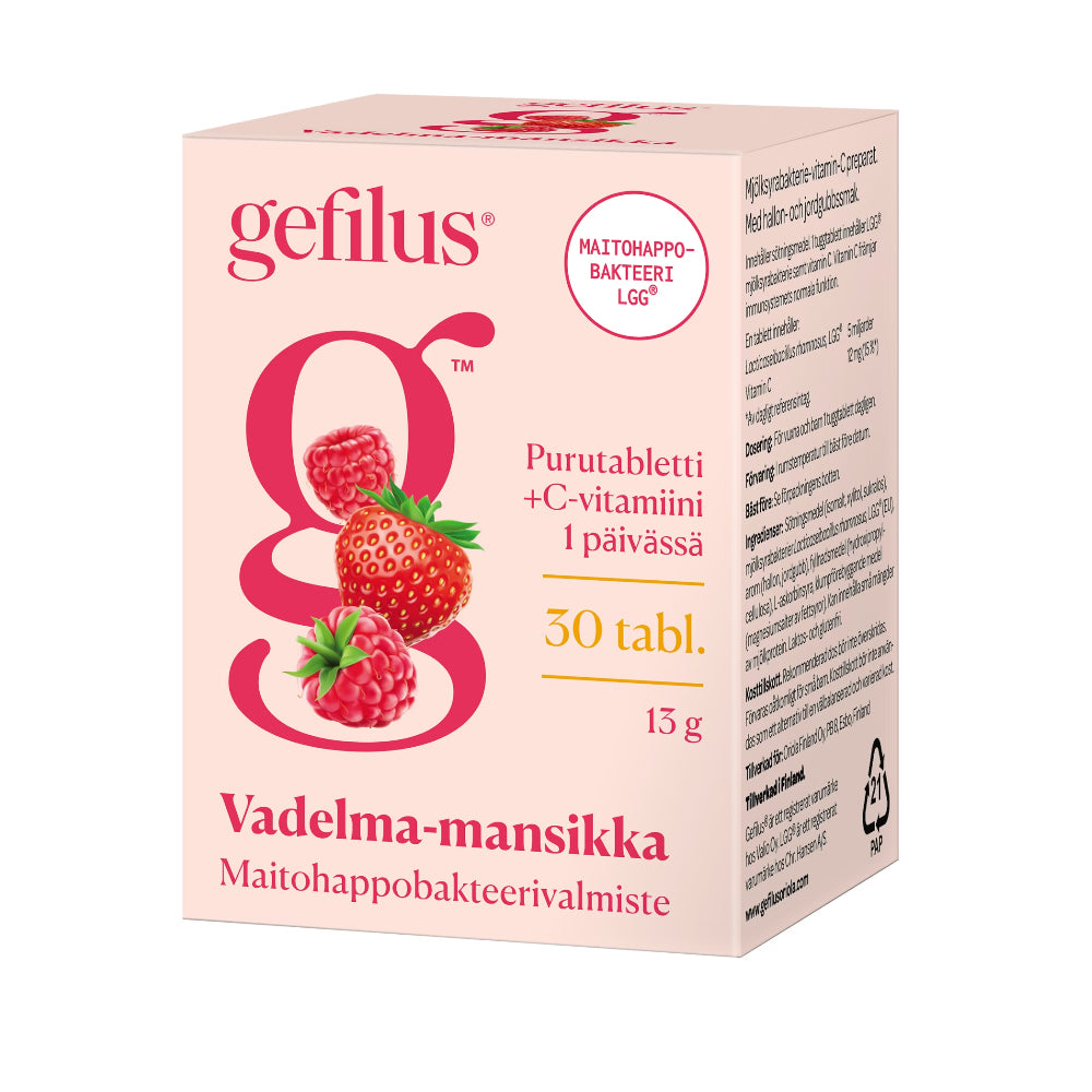 Gefilus Vadelma Mansikka + C vitamiini purutabletti 30 tabl